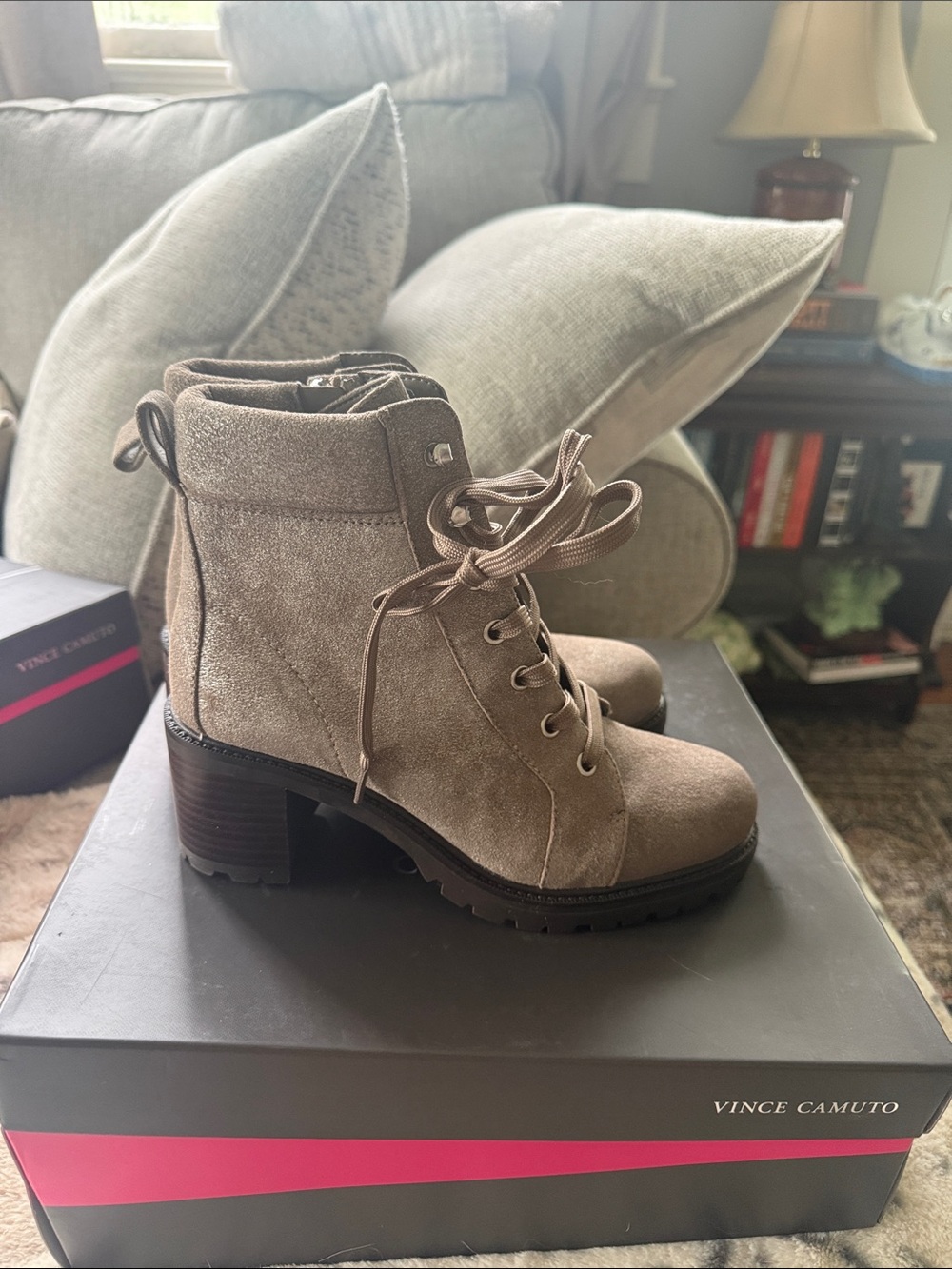 Vince Camuto Taupe Suede Lace-Up Block Heel Boots